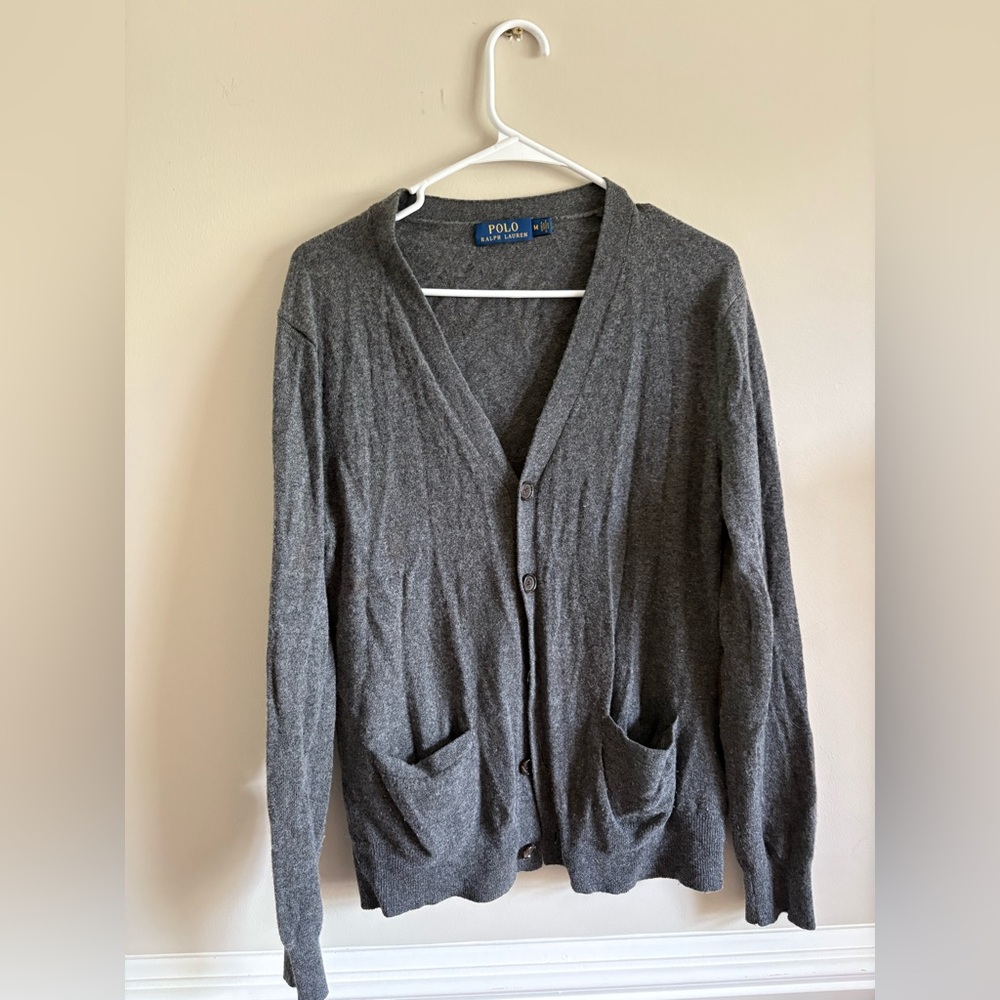 Wool cardigan, elbow patches, gray cardigan. Polo Ralph Lauren